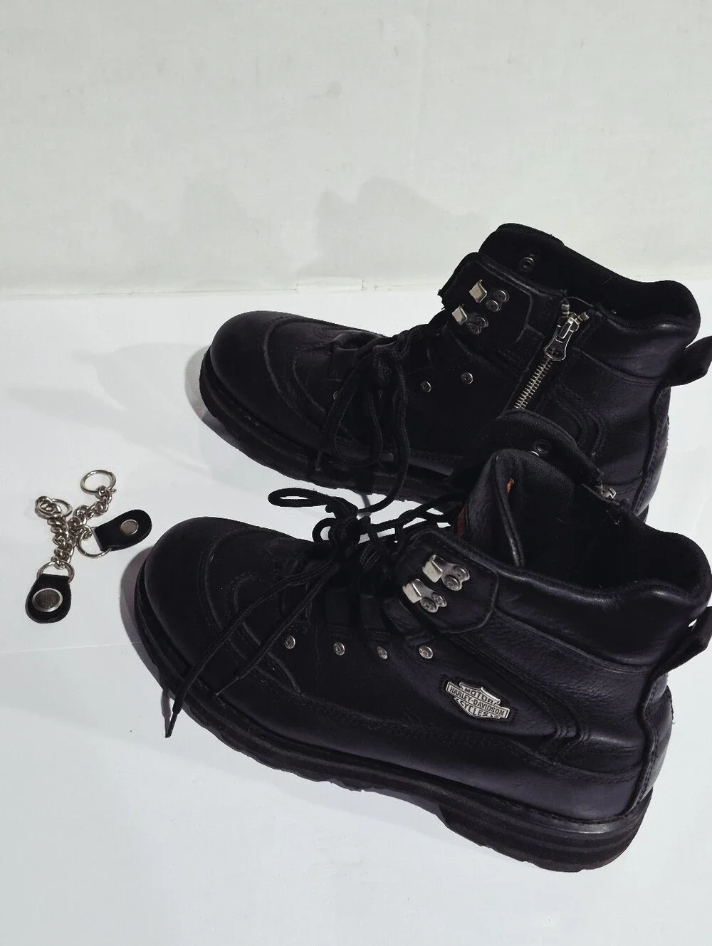 HARLEY DAVIDSONMen's Black Leather Lace-Up Boots with Side Zipper. Size 10